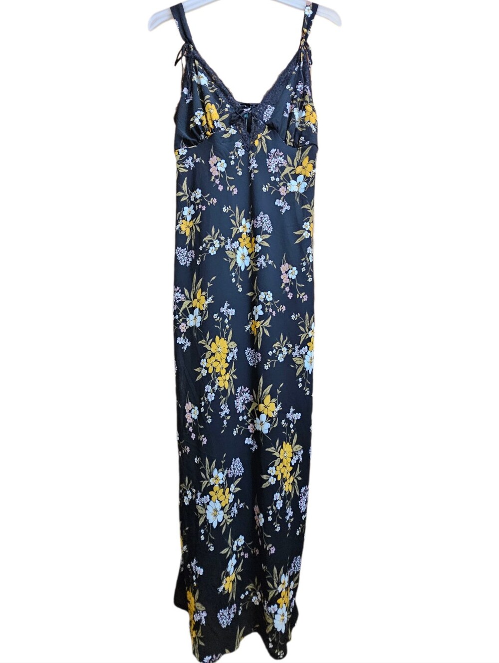 Wild Fable black floral print maxi tie up dress lace trim womens large new NWT - Picture 2 of 12